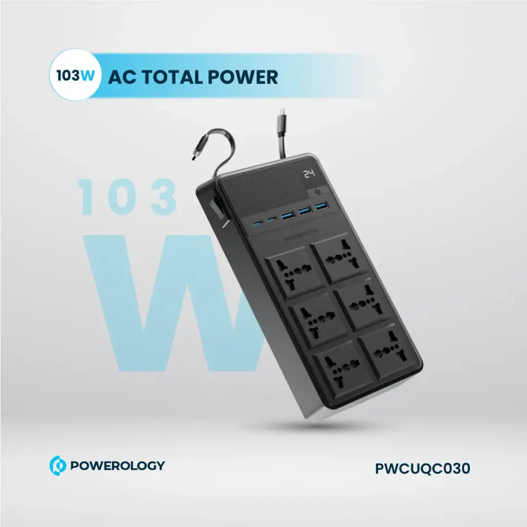 Powerology 2500W 6AC Power Strip with Built-In Retractable Cables - Black-Buy In Kuwait