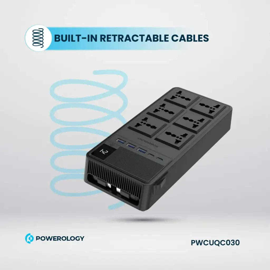 Powerology 2500W 6AC Power Strip with Built-In Retractable Cables - Black-Buy In Kuwait