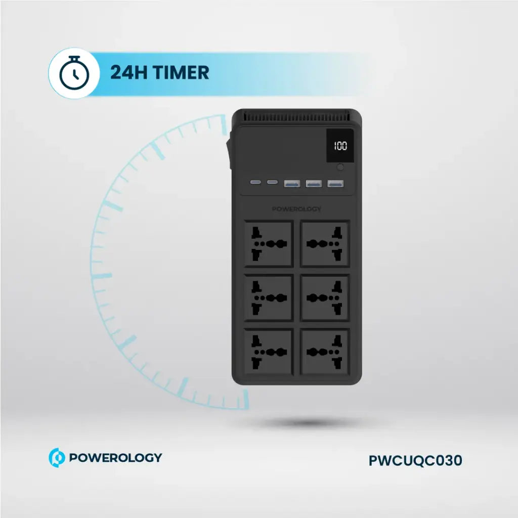 Powerology 2500W 6AC Power Strip with Built-In Retractable Cables - Black-Buy In Kuwait