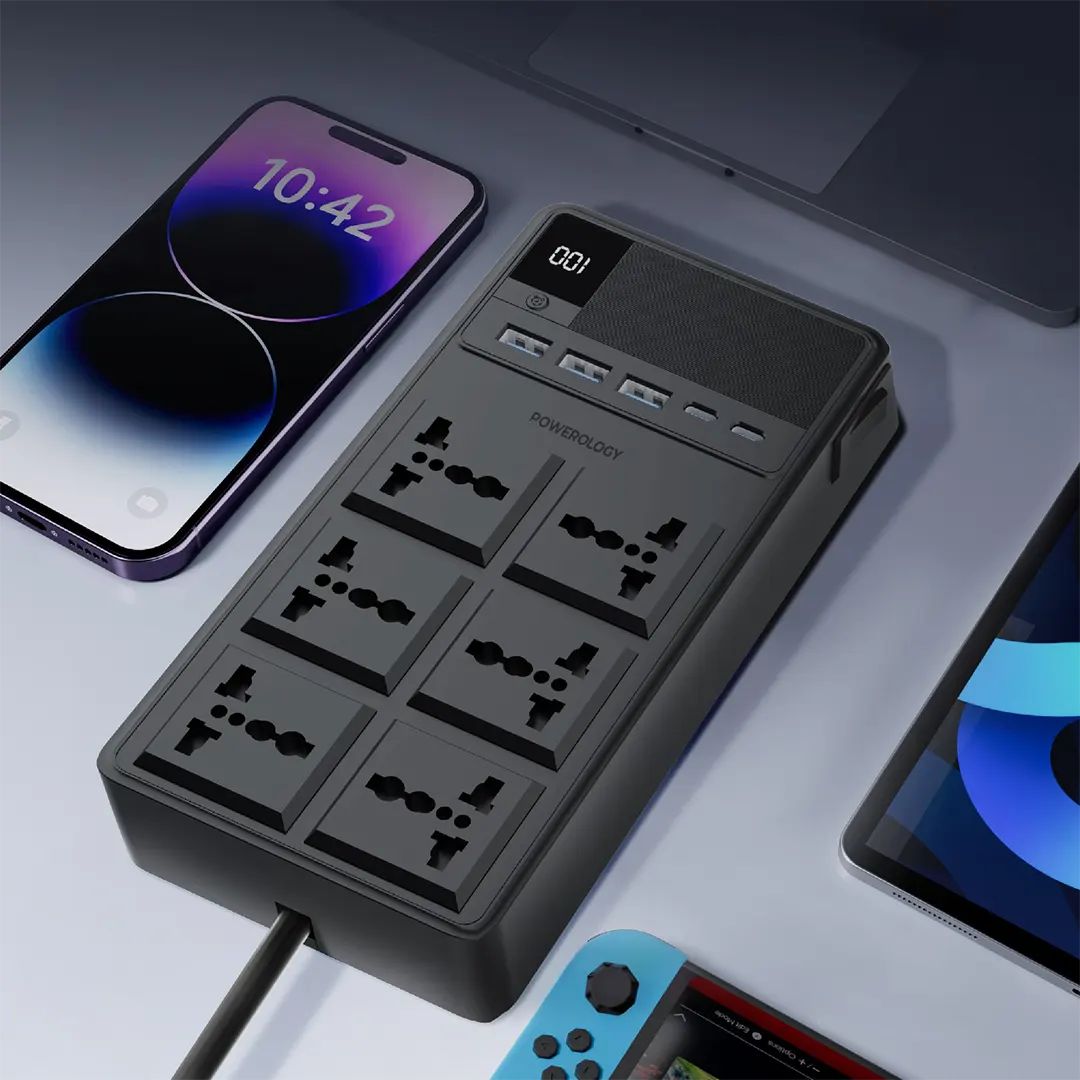 Powerology 2500W 6AC Power Strip with Built-In Retractable Cables - Black-Buy In Kuwait