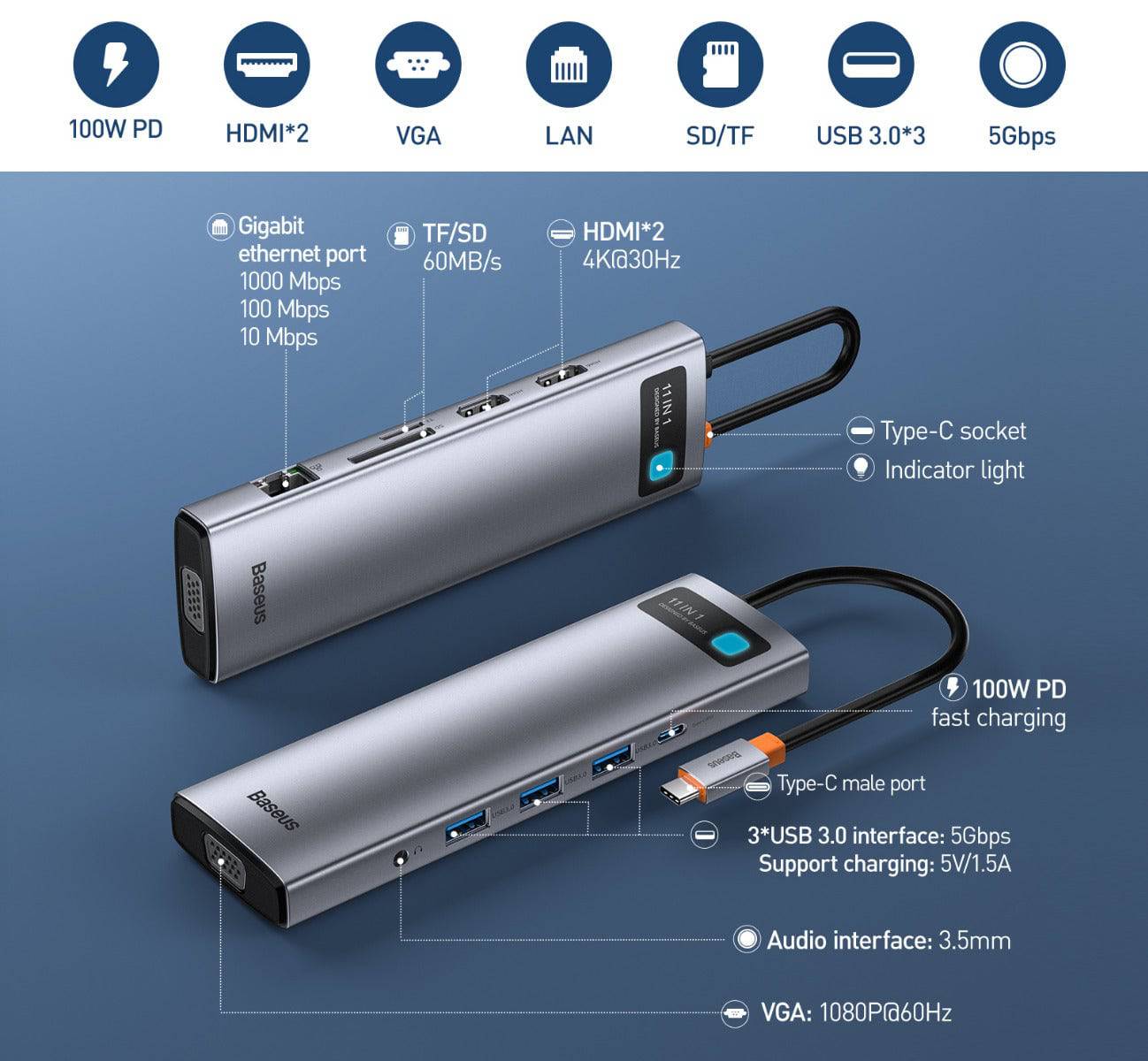 BASEUS METAL GLEAM SERIES 11-IN-1 MULTIFUNCTIONAL TYPE-C HUB DOCKING STATION SPACE GRAY - TQ STORE