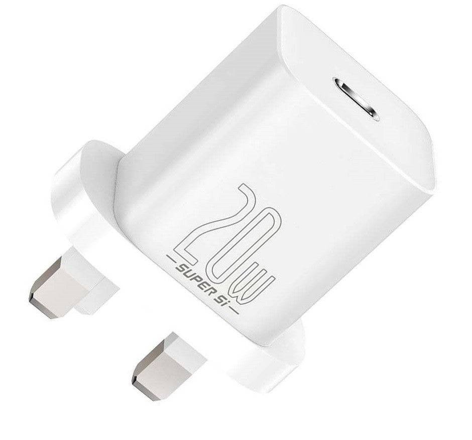 BASEUS SUPER SI QUICK CHARGER 1C 20W UK SETS WHITE(WITH SUPERIOR SERIES FAST CHARGING DATA CABLE TYPE-C TO IP PD 20W 1M WHITE) - TQ STORE
