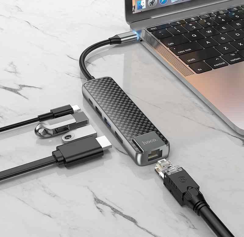 Hoco HB23 Type-C Hub HDMI + USB3.0 + USB2.0 + RJ45 Ethernet port+ PD - TQ STORE