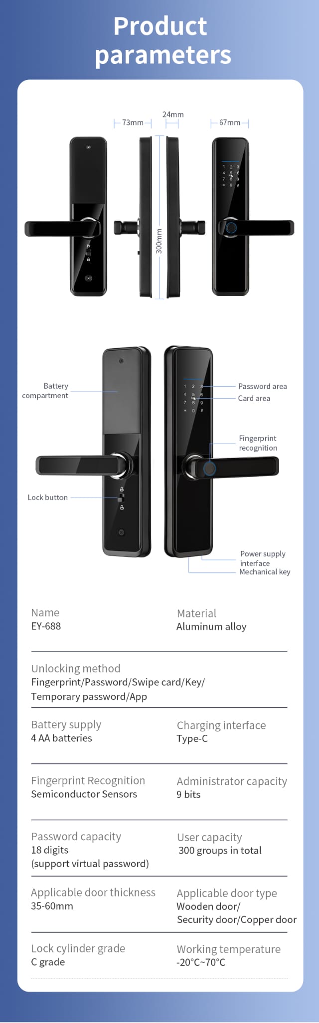 Smart Lock A270 - Keyless Entry - Fingerprint, Pass code, key card, Mobile App (Wifi & Bluetooth)