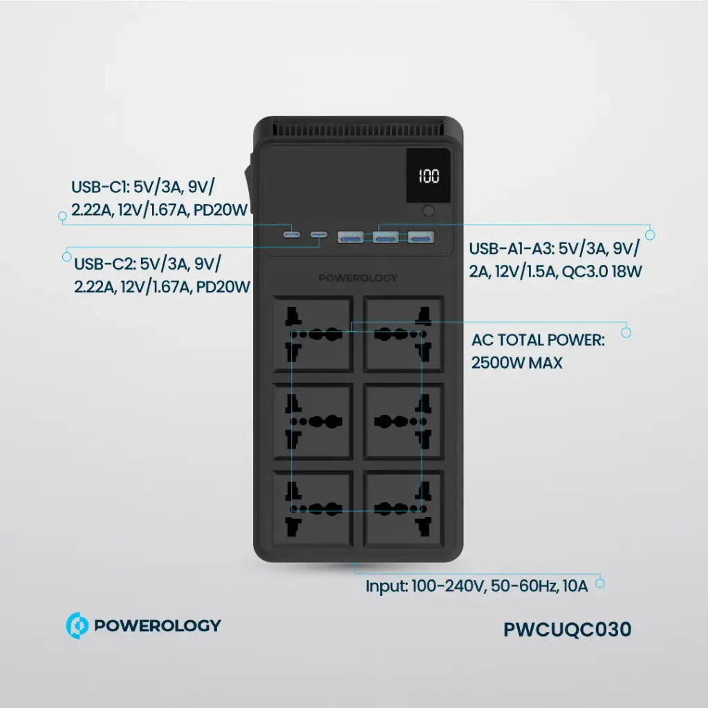 Powerology 2500W 6AC Power Strip with Built-In Retractable Cables - Black-Buy In Kuwait