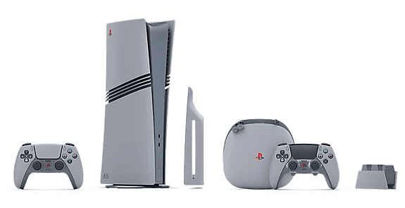 The PS5 Pro 30th Anniversary Bundle – PlayStation 5, featuring a matching gray controller, side panel, classic charging dock, and retro-inspired design, is displayed against a white background. Buy in Kuwait.
