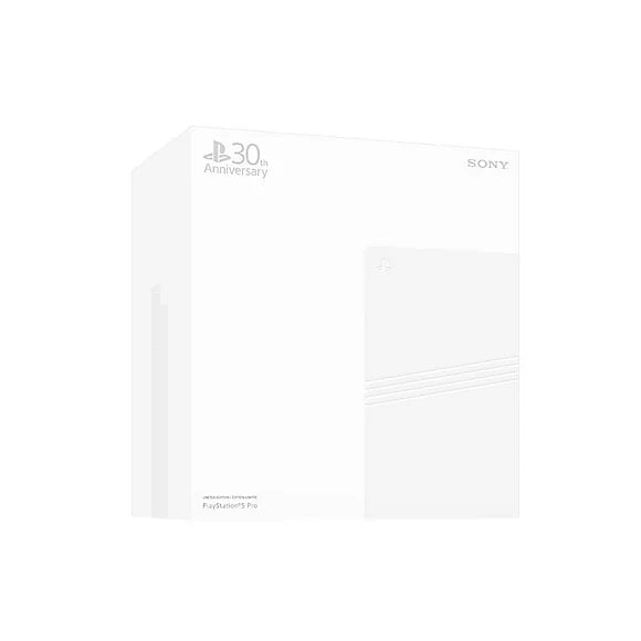 The PS5 Pro 30th Anniversary Bundle – PlayStation 5 (Buy in Kuwait) features a white Limited Edition box with subtle gray designs, the PlayStation and Sony logos, and a minimalist image of the PS5 Pro on the front.