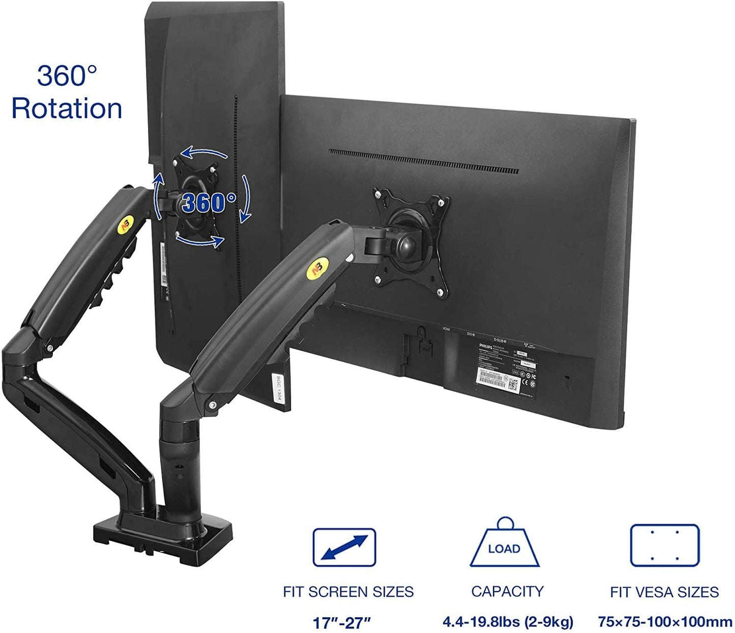 NB NORTH BAYOU DUAL MONITOR DESK MOUNT ST MOTION SWIVEL COMPUTER MONITOR ARM FOR TWO SCREENS17-27 INCH