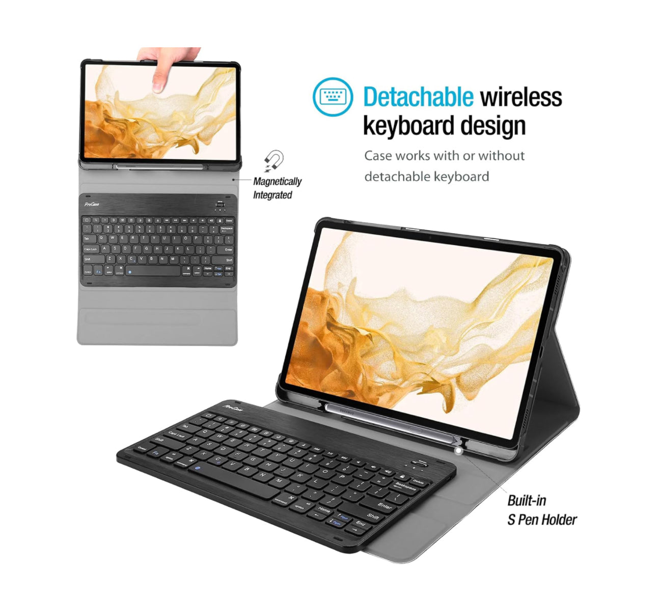 ProCase Keyboard Case for 12.4 inch Galaxy Tab S8 Plus 2022 /Tab S7 FE 2021 /Tab S7 Plus 2020 with S Pen Holder,Magnetically Detachable Wireless Keyboard for SM-X800 X806 T730 T736 T970 T975 –Black - TQ STORE