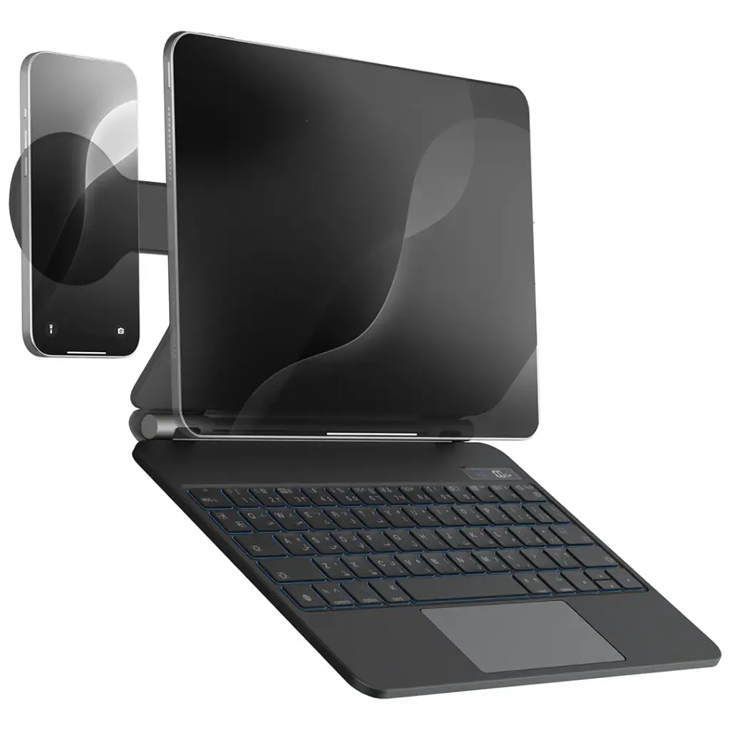 The Powerology DynaBoard Wireless Keyboard Case with MagSafe Phone Holder for iPad Pro 13 inch (M4) in black securely holds your iPad and phone, offering a sleek, multitasking accessory setup. Buy now in Kuwait.