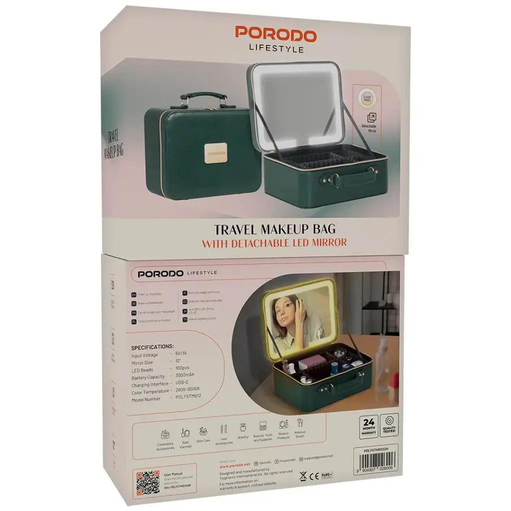 Porodo Lifestyle Travel Makeup Bag with Detachable LED Mirror - Green- Buy In Kuwait