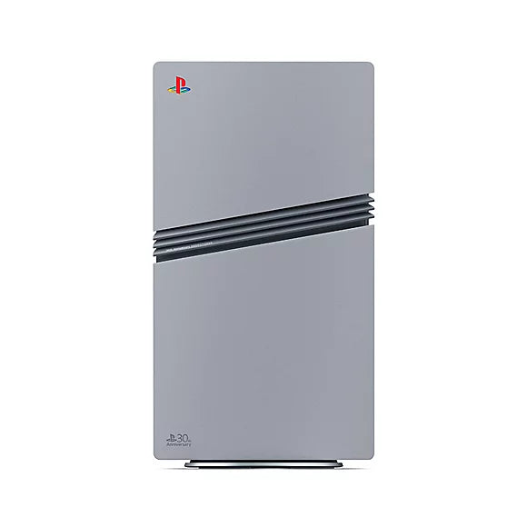 The PS5 Pro 30th Anniversary Bundle – PlayStation 5 features a custom gray cover with the classic PlayStation logo and angular black stripe, celebrating 30 years of PlayStation. Buy now in Kuwait.