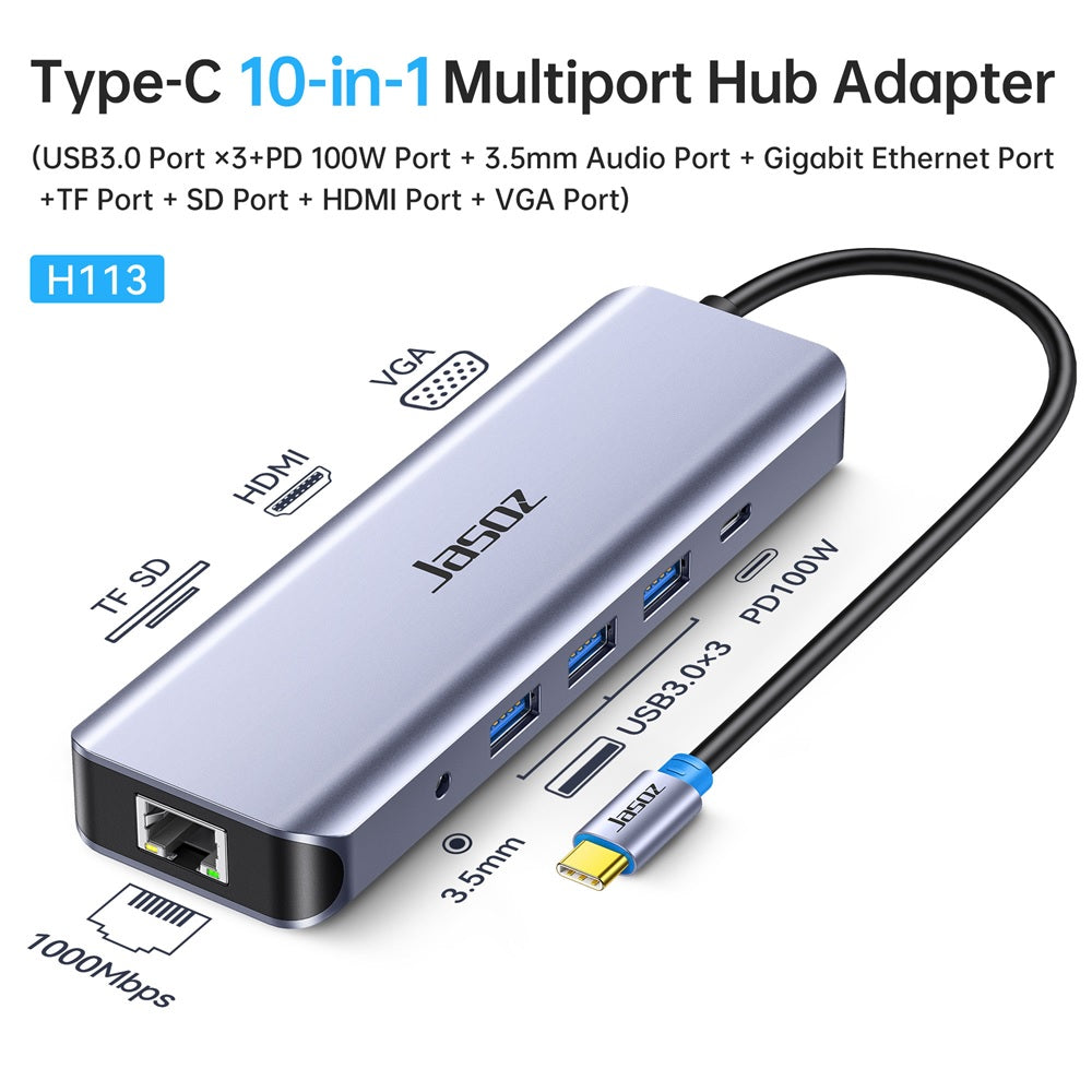 Jasoz H113 USB Type-C To HDMI VGA Audio RJ45 Card Reader USB3.0 Hub PD100W 10in1 Multi-port Convertor Adapter