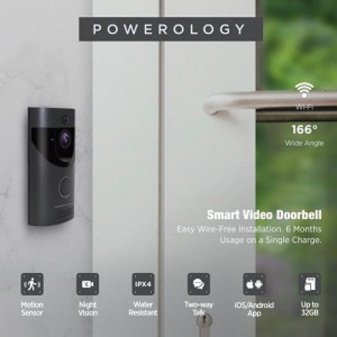 Powerology Smart Video Doorbell With Night Vision And Motion Sensor - Black