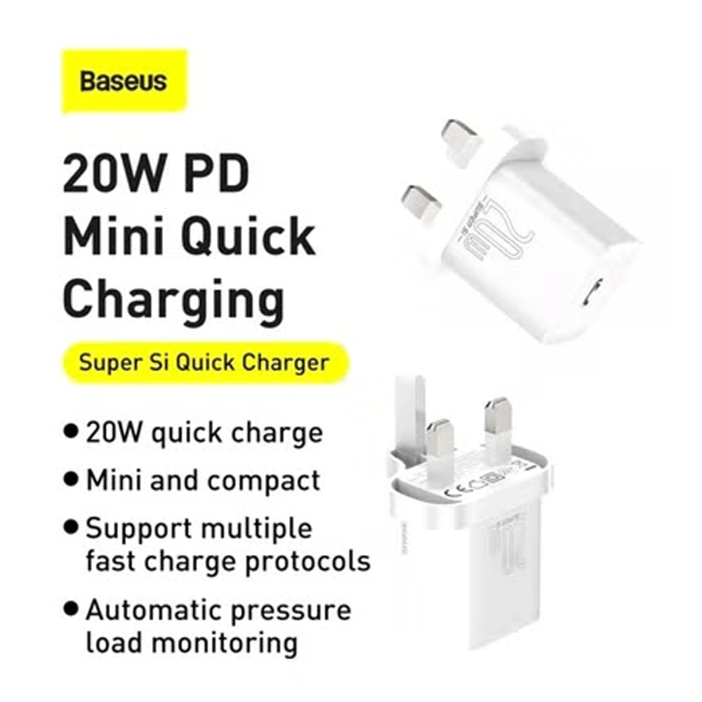 BASEUS SUPER SI QUICK CHARGER 1C 20W UK SETS WHITE（WITH SUPERIOR SERIES FAST CHARGING DATA CABLE TYPE-C TO IP PD 20W 1M WHITE)