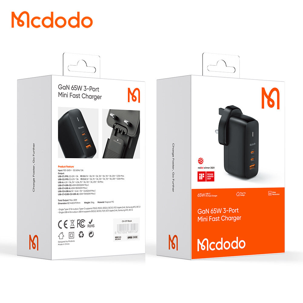 MCDODO GaN 65W Mini Fast Charging 3-ports Wall Charger Phone Adapter (CH-0171)