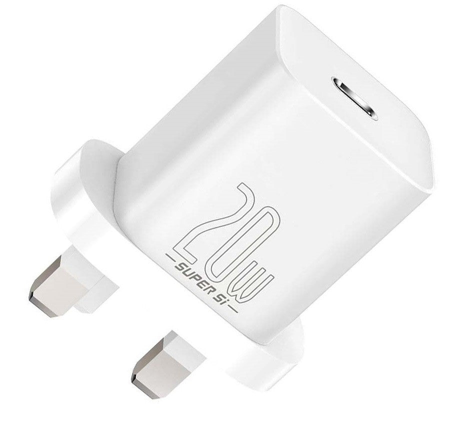 BASEUS SUPER SI QUICK CHARGER 1C 20W UK SETS WHITE（WITH SUPERIOR SERIES FAST CHARGING DATA CABLE TYPE-C TO IP PD 20W 1M WHITE)