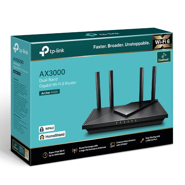 TP-Link Archer AX3000 Wireless Modem Router, Wi-Fi 6, Dual-Band, Archer AX55 – Black