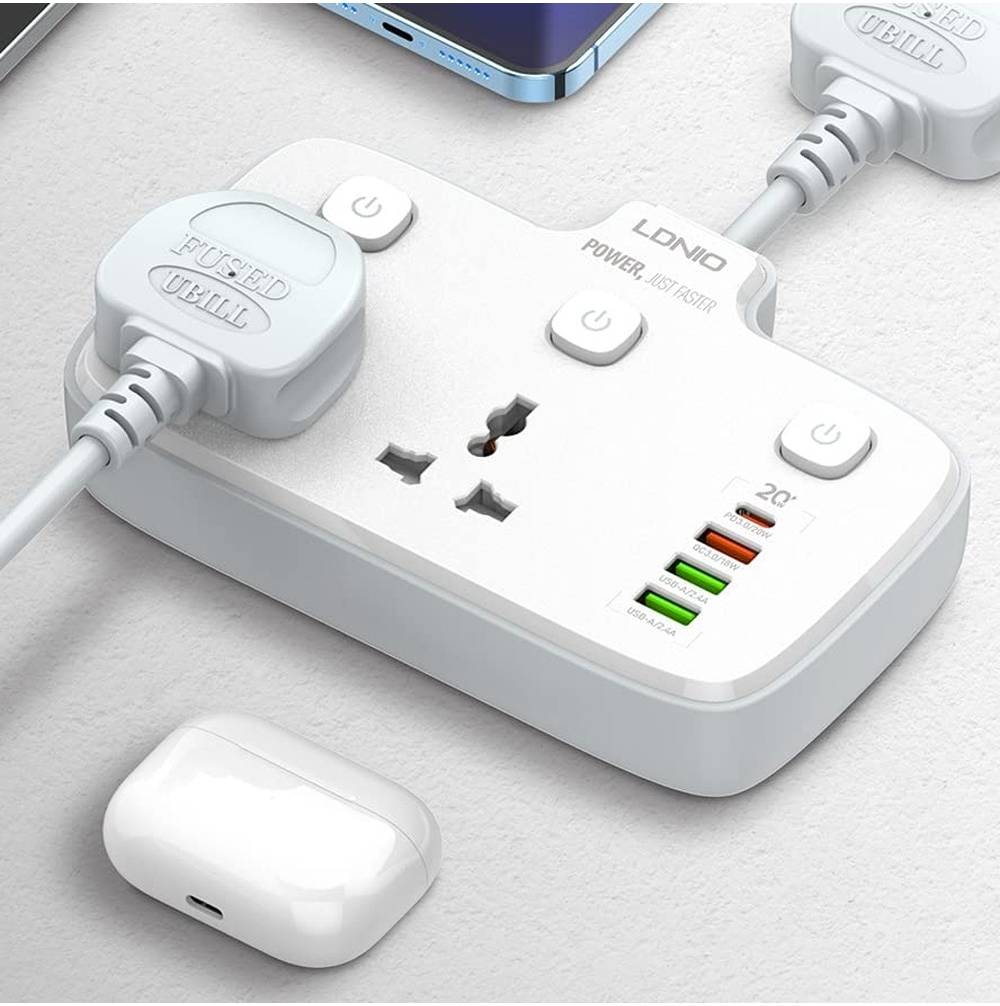 LDNIO SC2413 Universal Power Strip USB Outlet Extension Cord Adapter Wall Charger, 2500W-10A Power, Surge Protector Socket With 4 USB Port, USB-A / USB-C, White | SC2413