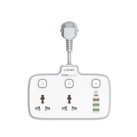 LDNIO SC2413 Universal Power Strip USB Outlet Extension Cord Adapter Wall Charger, 2500W-10A Power, Surge Protector Socket With 4 USB Port, USB-A / USB-C, White | SC2413