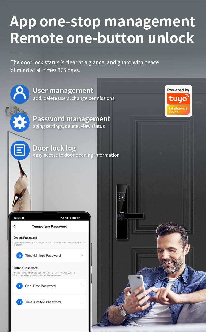 Smart Lock A270 - Keyless Entry - Fingerprint, Pass code, key card, Mobile App (Wifi & Bluetooth)