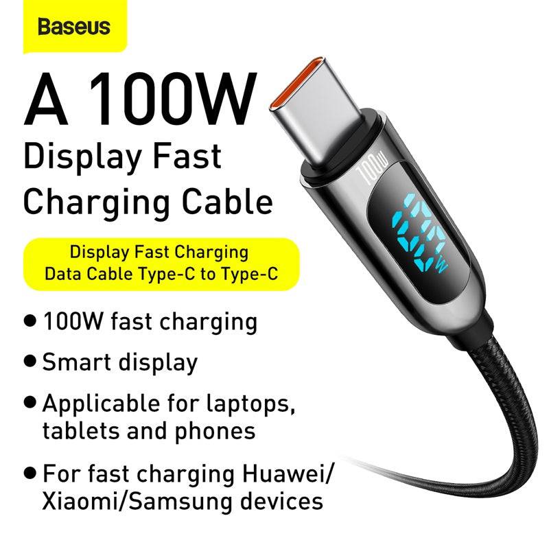 BASEUS DISPLAY FAST CHARGING TYPE C TO TYPE C DATA CABLE 100W 1MTR - TQ STORE