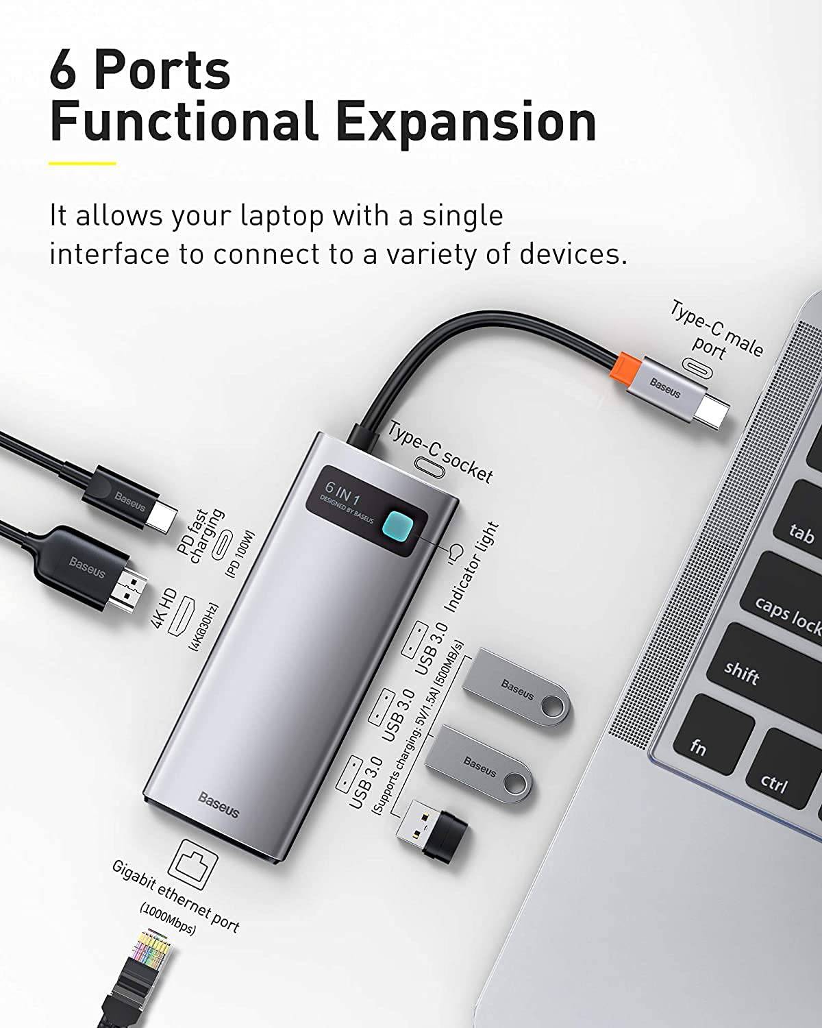 BASEUS METAL GLEAM SERIES 6-IN-1 MULTIFUNCTIONAL TYPE-C HUB DOCKING STATION GRAY
