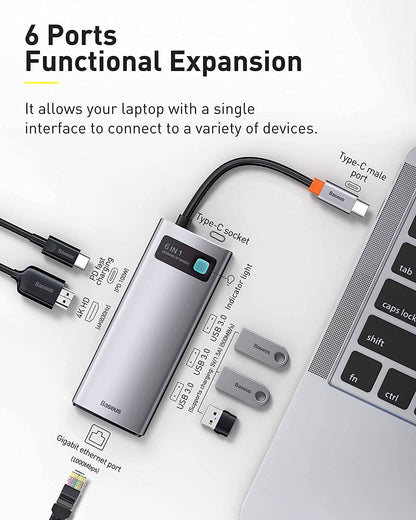BASEUS METAL GLEAM SERIES 6-IN-1 MULTIFUNCTIONAL TYPE-C HUB DOCKING STATION GRAY