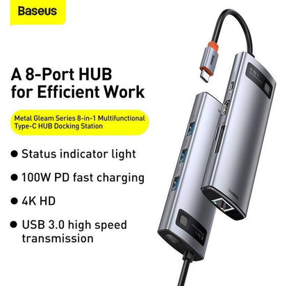 BASEUS METAL GLEAM SERIES 8-IN-1 MULTIFUNCTIONAL TYPE-C HUB DOCKING STATION GRAY