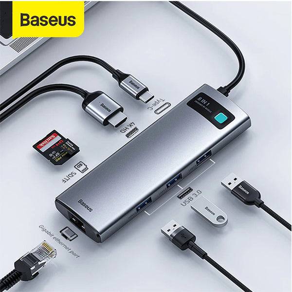 BASEUS METAL GLEAM SERIES 8-IN-1 MULTIFUNCTIONAL TYPE-C HUB DOCKING STATION GRAY