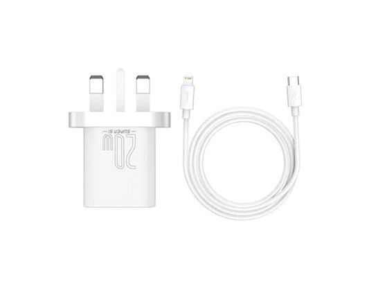 BASEUS SUPER SI QUICK CHARGER 1C 20W UK SETS WHITE（WITH SUPERIOR SERIES FAST CHARGING DATA CABLE TYPE-C TO IP PD 20W 1M WHITE)