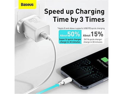 BASEUS SUPER SI QUICK CHARGER 1C 20W UK SETS WHITE（WITH SUPERIOR SERIES FAST CHARGING DATA CABLE TYPE-C TO IP PD 20W 1M WHITE)