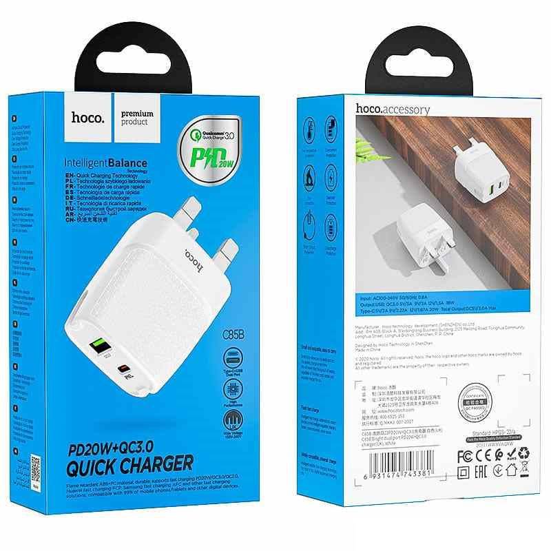 Hoco C85B Wall charger PD20W + QC3.0 UK plug