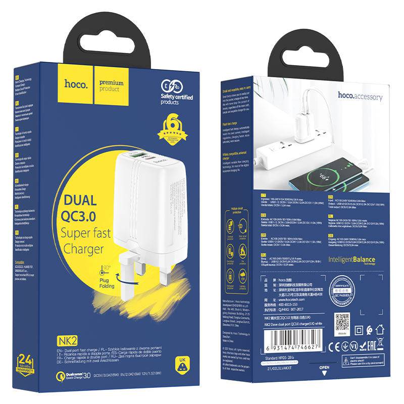 Hoco NK2 Wall Charger Dual Port QC3.0 UK Plug - TQ STORE