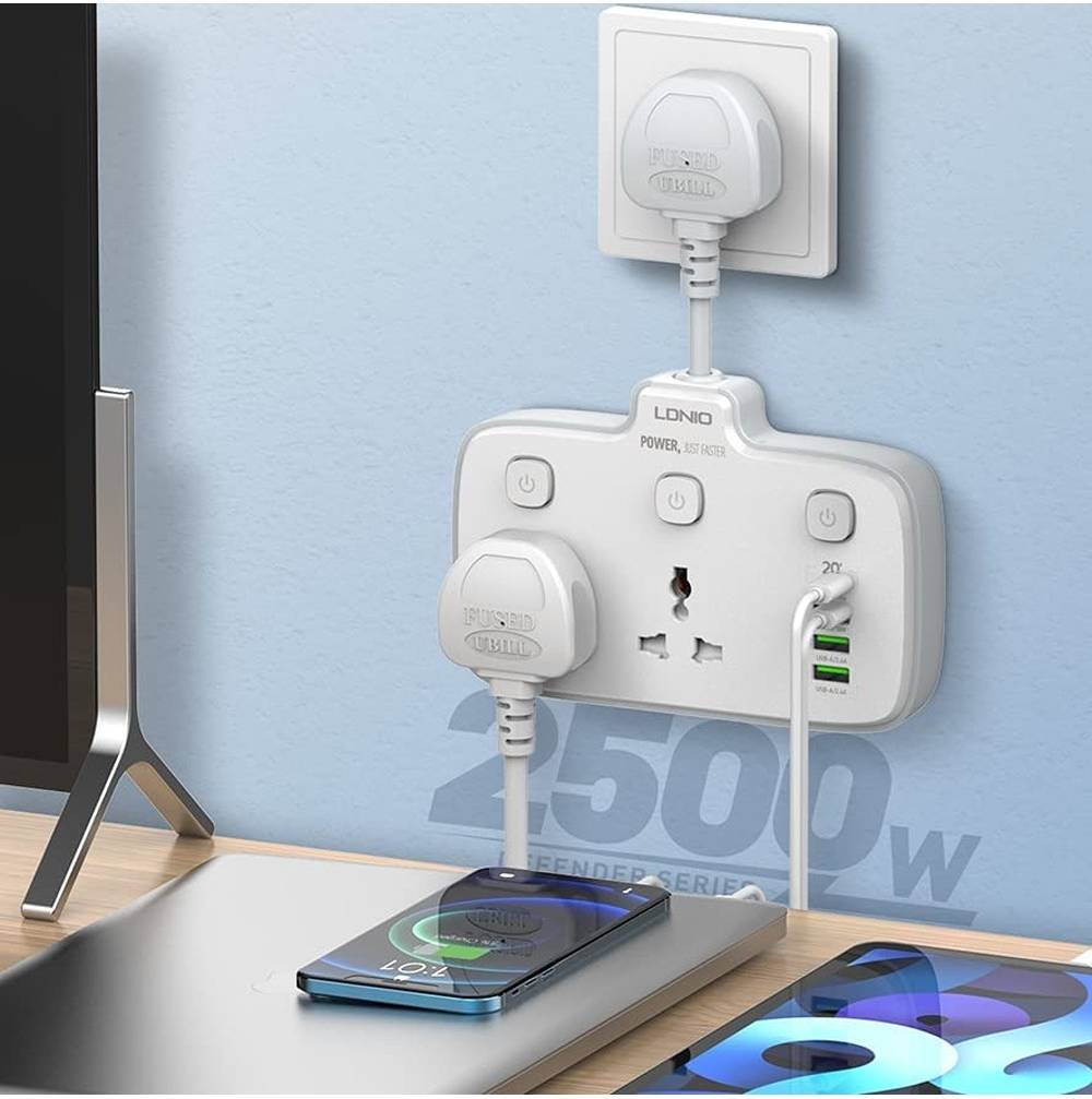 LDNIO SC2413 Universal Power Strip USB Outlet Extension Cord Adapter Wall Charger, 2500W-10A Power, Surge Protector Socket With 4 USB Port, USB-A / USB-C, White | SC2413 - TQ STORE