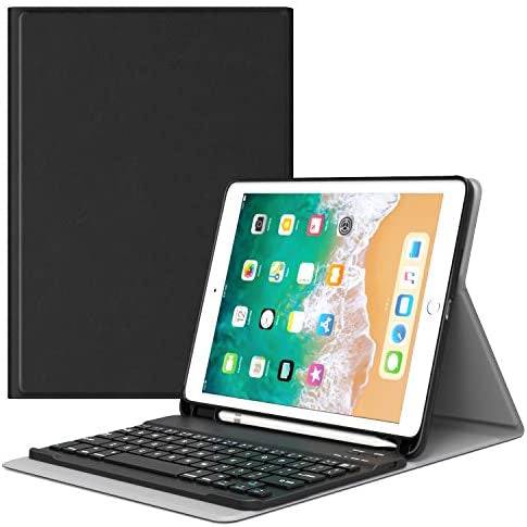 PU Leather Smart Cover with Magnetically Detachable Bluetooth Keyboard with Pencil Holder for Apple Ipad 6th Generation 9.7 inch / غطاء ذكي من جلد البولي يوريثان مع لوحة مفاتيح بلوتوث قابلة للفصل مغناطيسيا مع حامل قلم رصاص لباد أبل