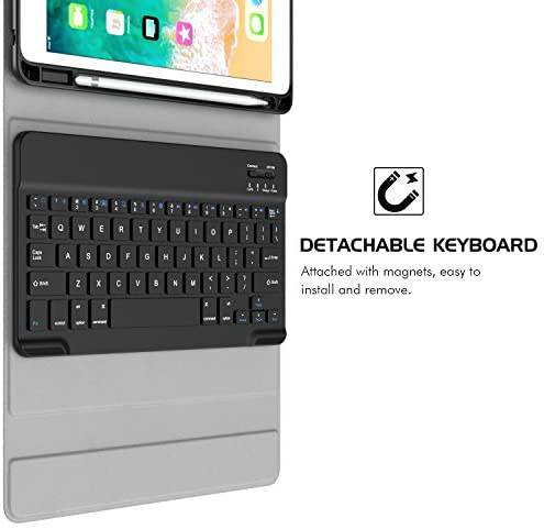 PU Leather Smart Cover with Magnetically Detachable Bluetooth Keyboard with Pencil Holder for Apple Ipad 6th Generation 9.7 inch / غطاء ذكي من جلد البولي يوريثان مع لوحة مفاتيح بلوتوث قابلة للفصل مغناطيسيا مع حامل قلم رصاص لباد أبل